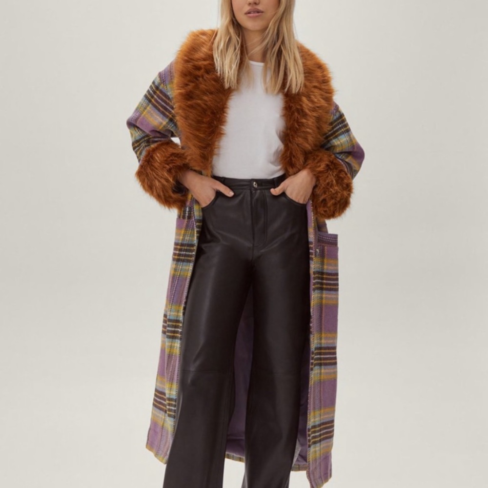 COPY - Nasty gal faux fur trim wool look plaid coat